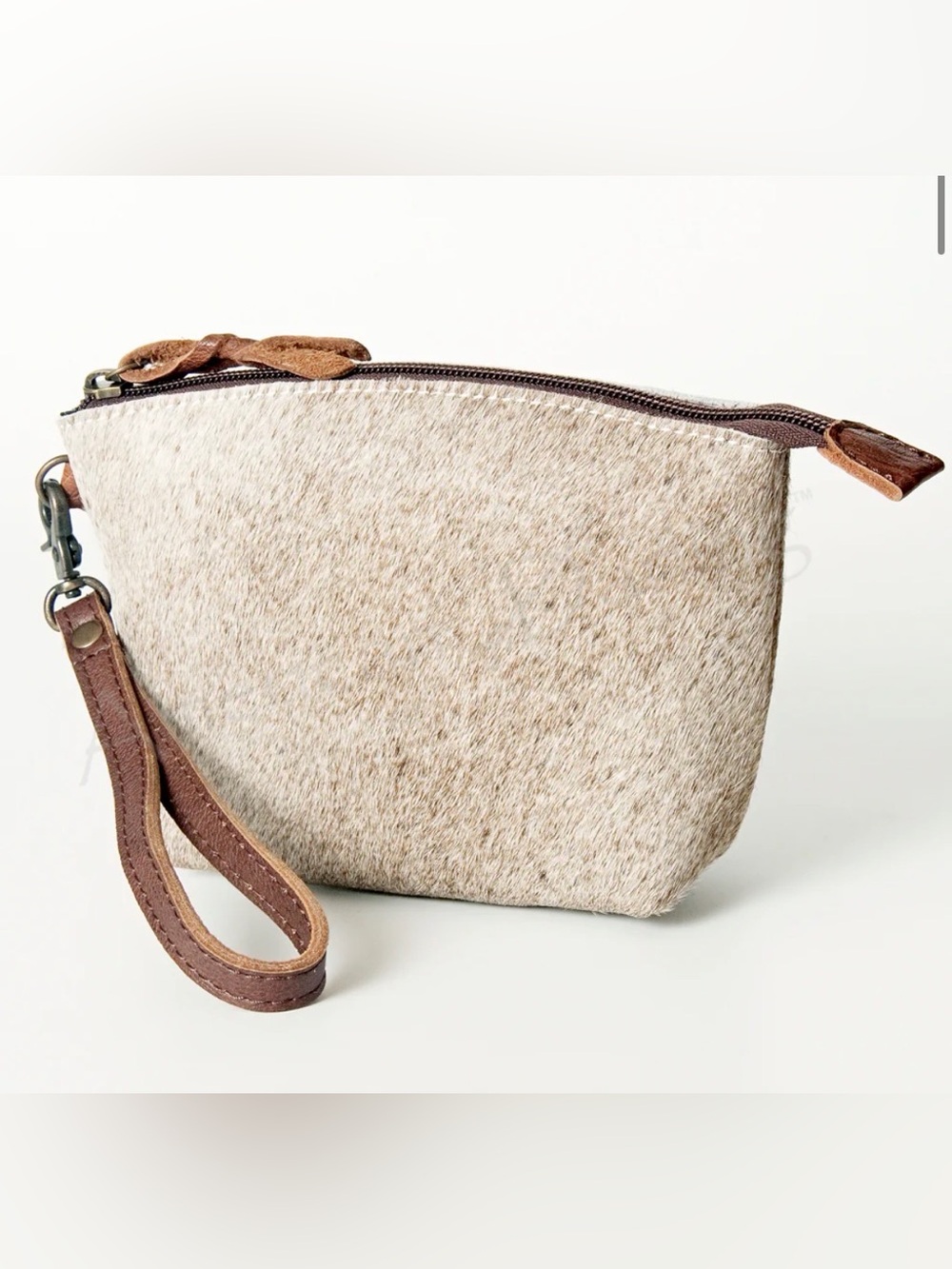 Neutral Haircalf Wristlet Clutch with Brown Leather Trim